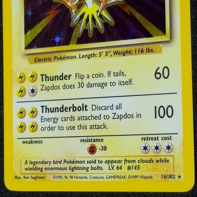 Zapdos 16/102 HOLO BLEED 1999 Pokemon Base Set ERROR Rare WOTC