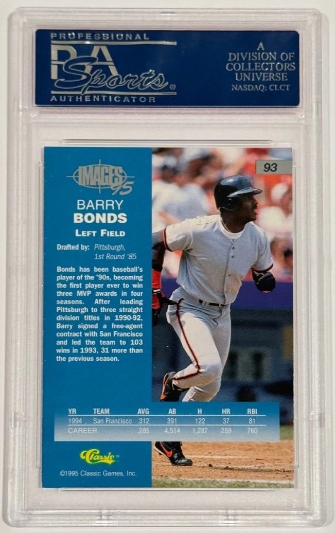 1995 Classic Images Barry Bonds #93 PSA 10 Gem Mint Low Pop view 2