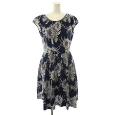 PRADA Botanical Print Dress Chest 43cm Length 99cm Navy French Sleeve