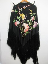 Vintage Chinese Embroidered Silk Piano Shawl w/Fringe Black 50"