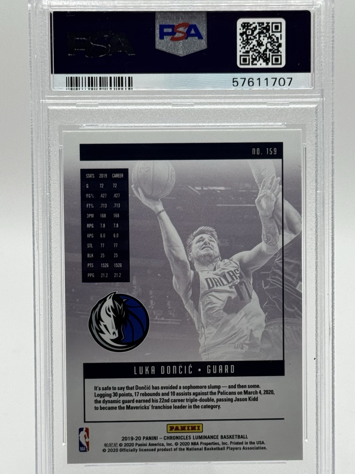 2019 Panini Chronicles #159 Luka Doncic Dallas Mavericks RC Rookie PSA 10 view 3