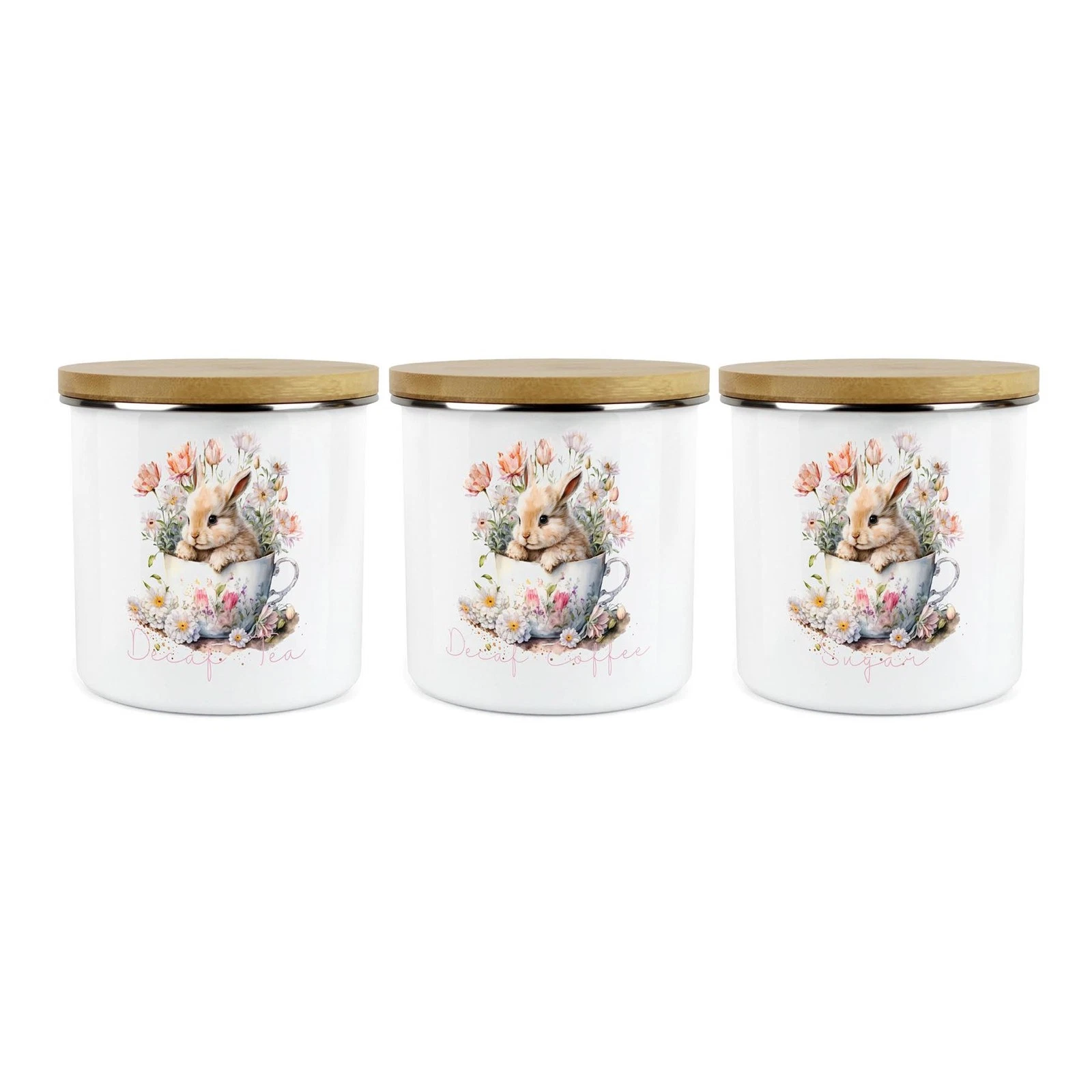 Teacup Bunny Decaf Tea, Decaf Coffee & Sugar Canister Set - Kitchen Storage Jars
