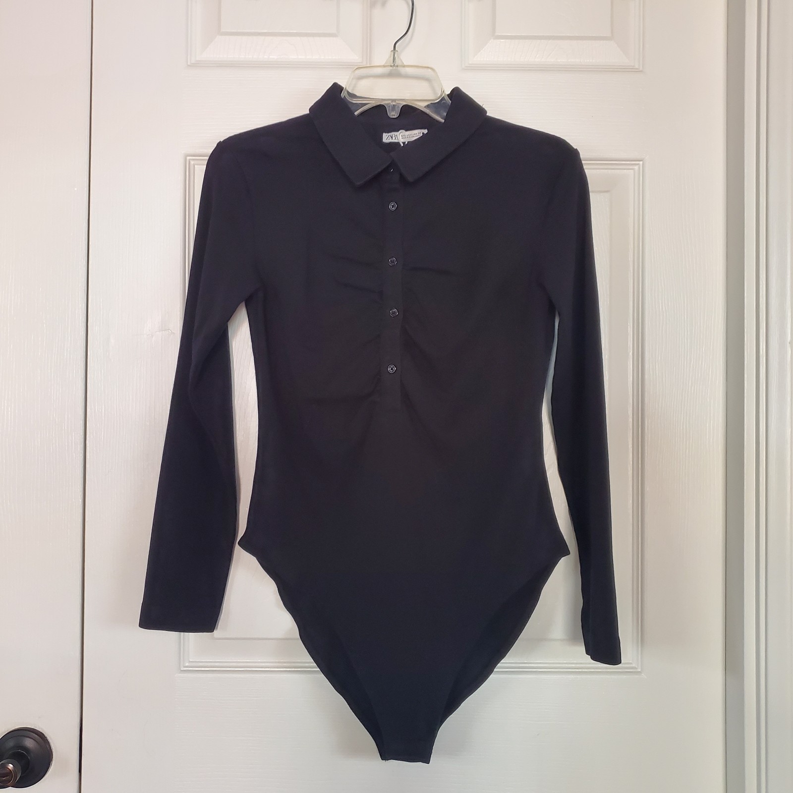 Zara Polo Style Long Sleeves Bodysuit Black Button Front Collared Size Large