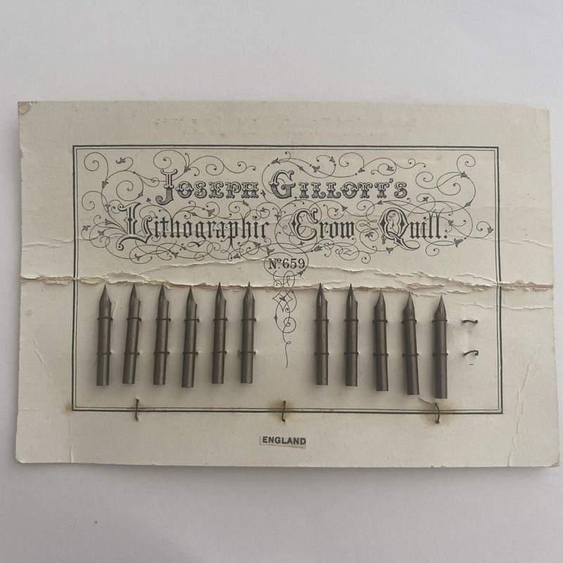 VINTAGE JOSEPH GILLOTT'S LITHOGRAPHIC CROW QUILL 659 NIBS ON CARD ENGLAND