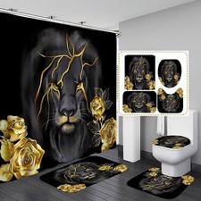 4 Piece Black and Gold Shower Curtain Set with Rugs, Majestic Lion Golden Rose