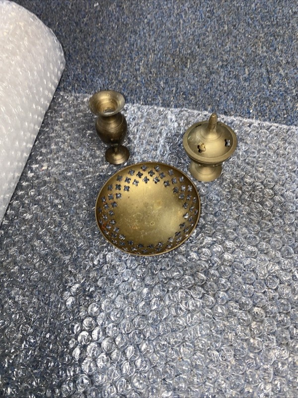Brass Mini Vase, Trinket Dish And Incense Burner Approx 3”. Dish Is 4” Diameter 