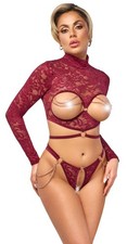 Set Lingerie Abierta Fina Pizzo Rosso Top Maniche Lunghe Perizoma Crotchless