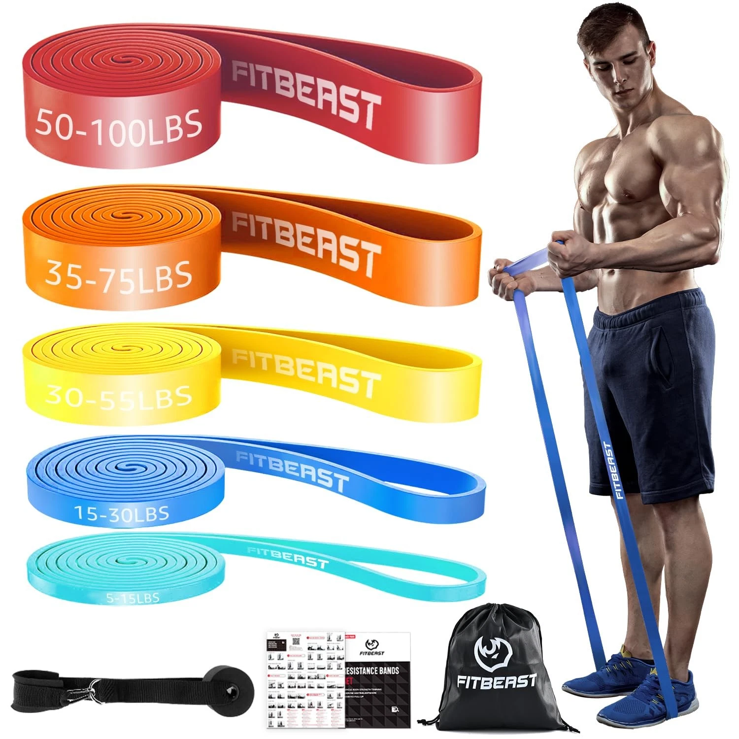FitBeast Resistance Bands Set, 5 Levels Pull Up Bands for Bodyweight Training,