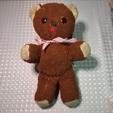 Vintage Ideal Toy Corp Brown Teddy Bear Plush w/ Pink Ribbon Plush USA Made