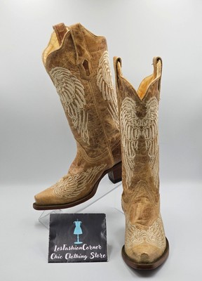 Corral Boots Wo's Distressed Beige Embroidered Angel Wings Boots Sz 5.5 2852