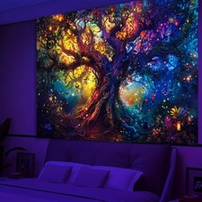 UV Reactive Glow-in-the-Dark Tree of Life Tapestry - 44x59 Large Black Activated