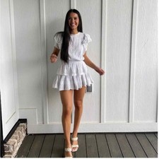 Maia Bergman Mery Mini Dress White Tiered Ruffle Lace Flutter Sleeve Sz S