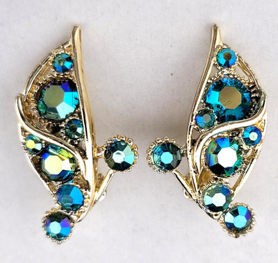 Vintage Signed BSK Blue Aurora Borealis Rhinestone Clip Earrings Gold Tone