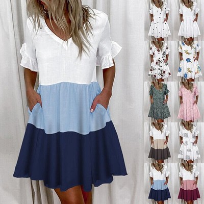 Damen Sommer Strand Boho Sonnenkleid Urlaub V-Ausschnitt Freizeit Swing Kleid