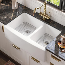33" Double Bowl White Farmhouse Sink - Ceramic Apron Front with Grid Strainer