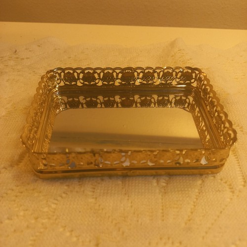Vintage Mirror Tray Gold Tone Filigree Ornate Roses Vanity Victorian Petite 5"