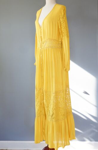 Boohoo Ochre Lace Peasant Tiered Maxi Dress 14 Cottagecore Boho 70s Style Hippie - Picture 11 of 12