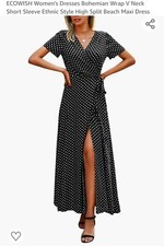 ECOWISH Women's Dresses Bohemian Wrap V Neck Short Sleeve Ethnic Style High Spli