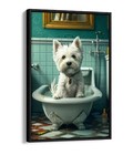 WEST HIGHLAND TERRIER IN BATHTUB -FLOAT EFFECT FRAMED CANVAS WALL ART PRINT