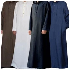 Mens Saudi Jubba Dishdasha Muslim Long Sleeve Hooded Kaftan Cotton Maxi Thobe