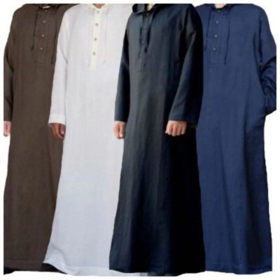 Men's Cotton Saudi Long Sleeve Hooded Kaftan Maxi Thobe Ethnic Summer Casual