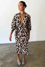 Never Fully Dressed Co Ord Set XS Beige Leopard Print Midi Skirt & Blouse Animal