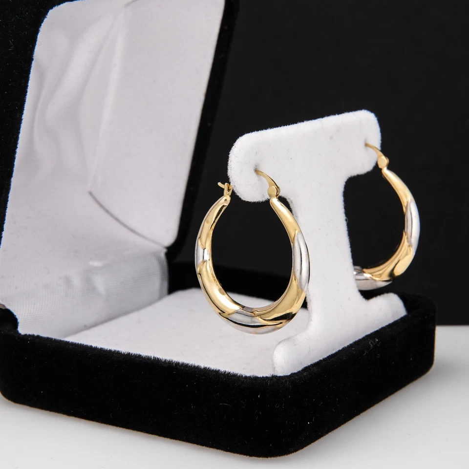 Pendientes de aro de oro 14K de dos tonos criollos torcidos oro amarillo y blanco finos bienes de 1" Foto 4 de 4