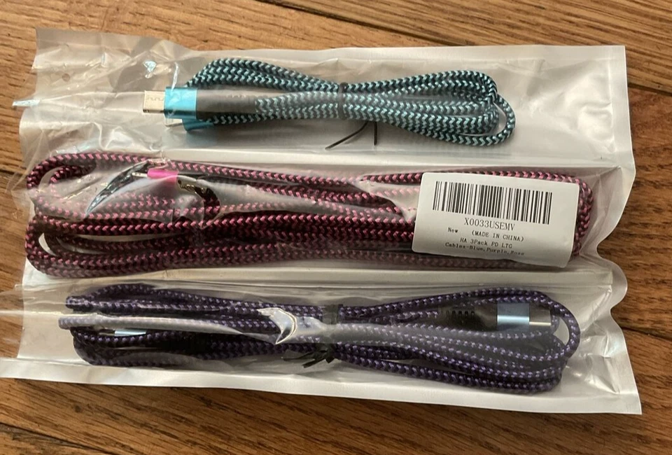 Paquete de 3 cables X0033USEMV AZUL PÚRPURA ROSA TRENZADO IPhone a USB-C cable de carga Foto 2 de 4