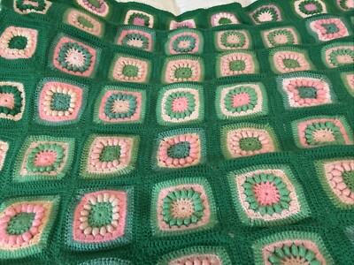 Vtg Granny Square Green Pink Colorful Afghan Crochet Throw Blanket Cover 72 x75 
