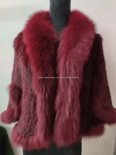 Handmade Knit Real Genuine Mink Fur Coat with Fox Fur Collar Shawls Wraps Cape - Picture 39 of 47