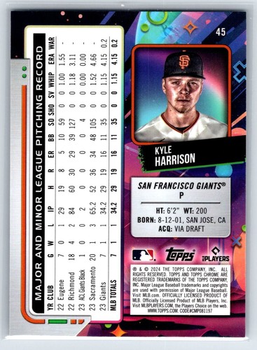 2024 Topps Chrome Cosmic KYLE HARRISON Rookie Nucleus Refractor (RC) GIANTS #45 - Foto 2 di 2