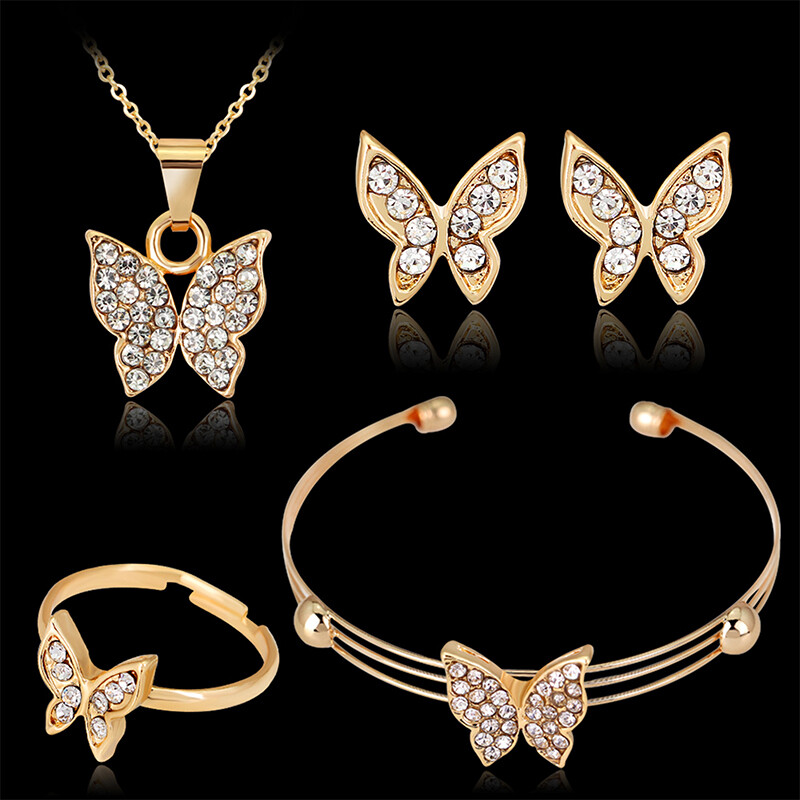 4 PCS Cute Butterfly Shaped Necklace Earrings Sets Jewelry Crystal Sets