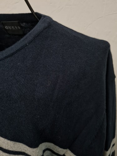 GUESS Mens Crew Neck Jumper Sweater Size XL Navy Blue Striped - Picture 3 of 13