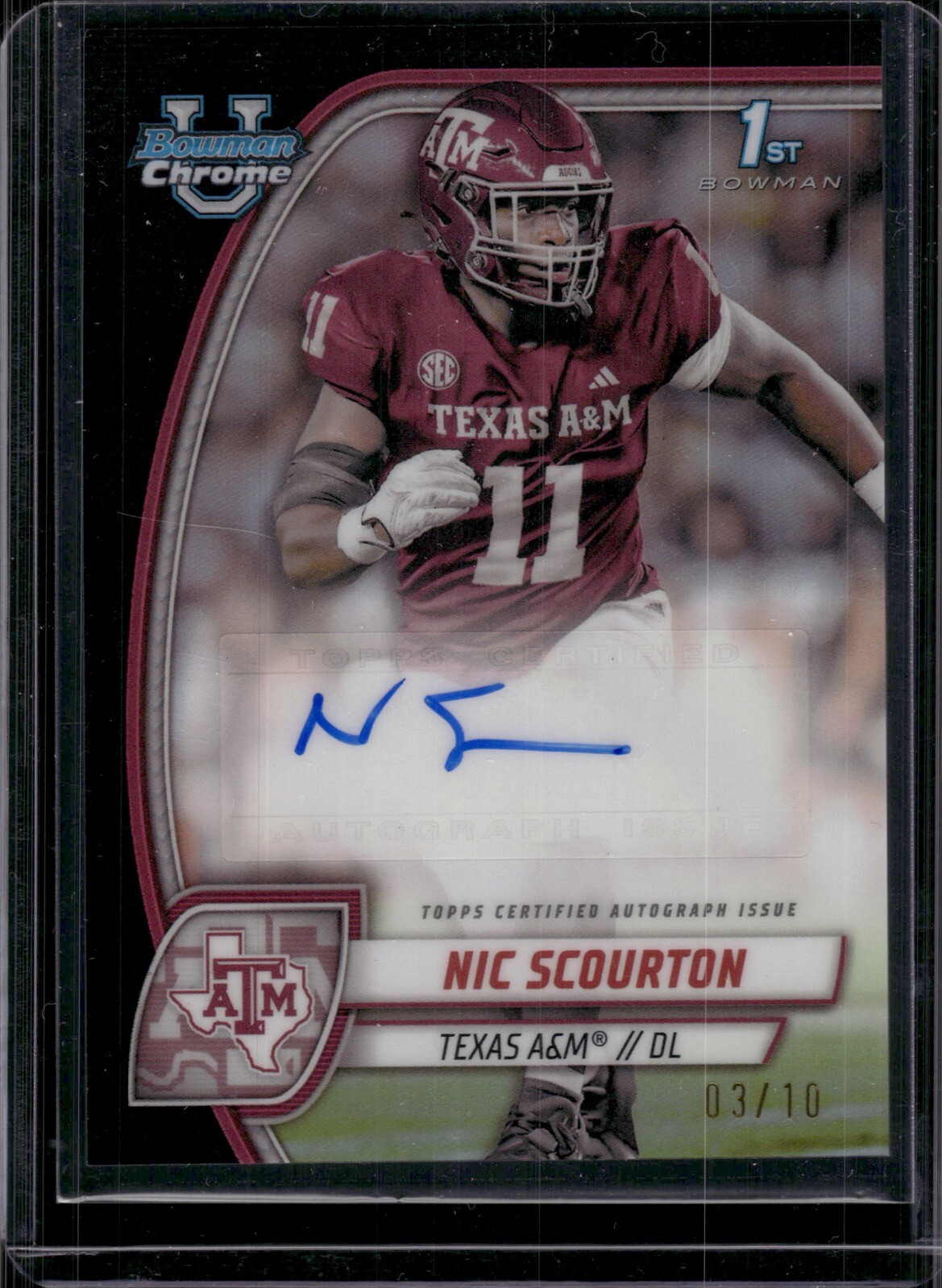 NIC SCOURTON 2024 BOWMAN CHROME UNIVERISTY U 1ST BLACK REFRACTOR AUTO 03/10