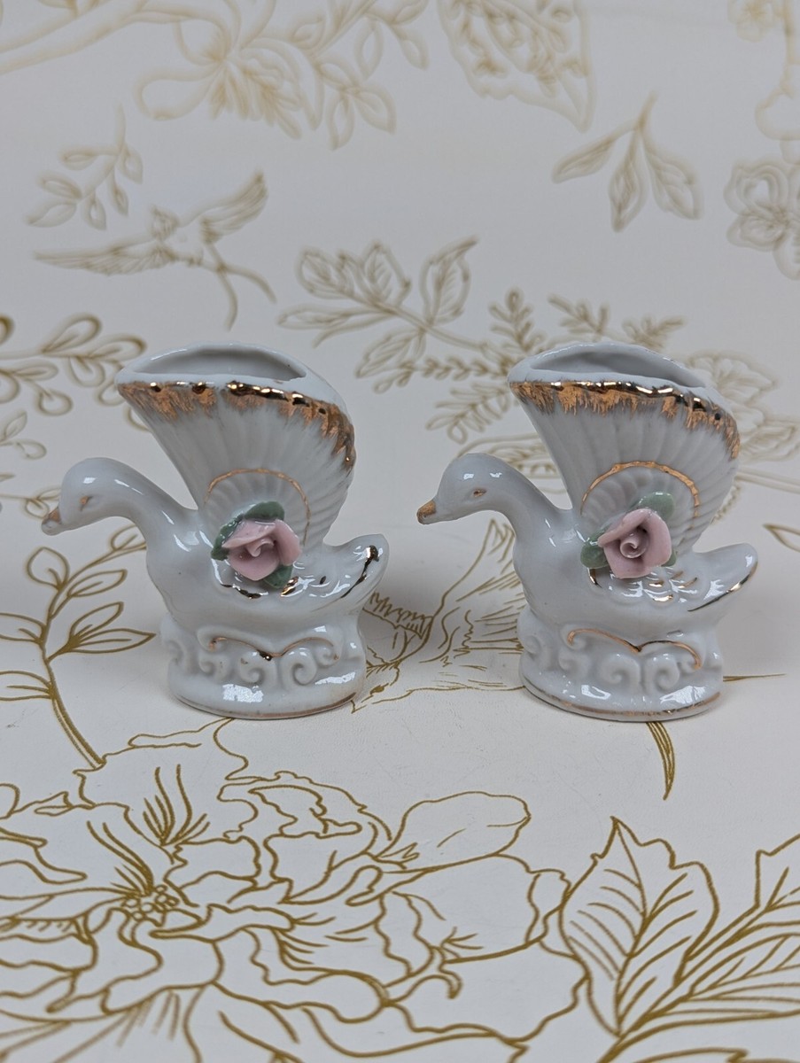 Vintage Swan Toothpick Holder Set Of 2 Japan Porcelain Pink Flower