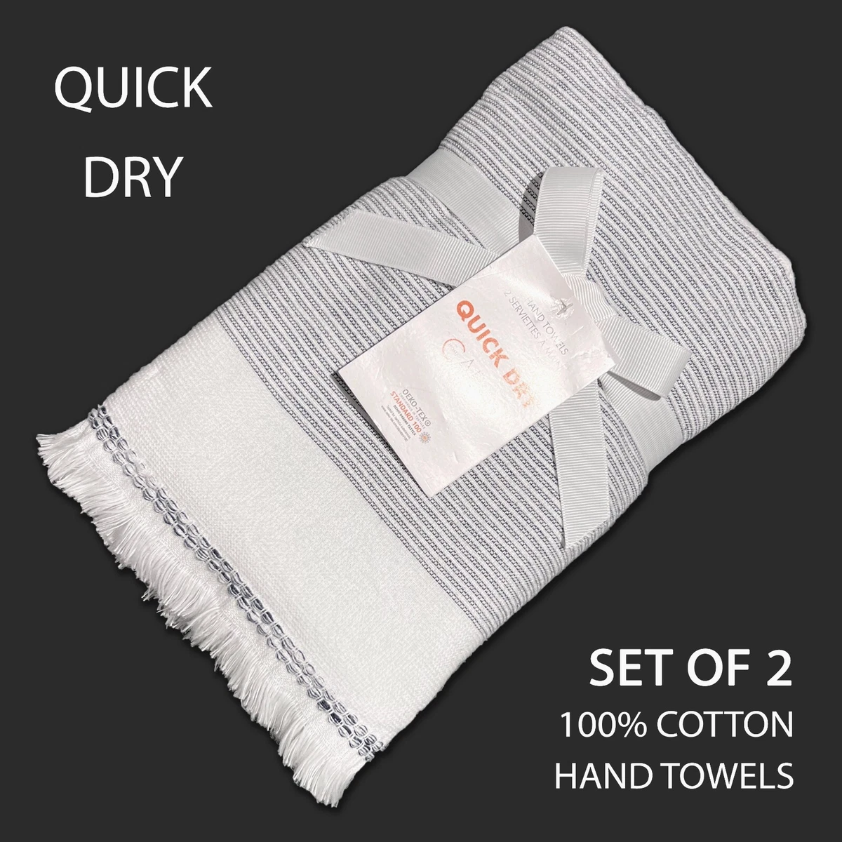 SET OF 2 New CARO HOME Quick Dry Hand Towels White Very Dark Blue Striped