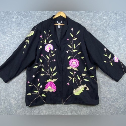Maggie Barnes Duster Jacket Size 4X Black Floral Embroidery Textured Open Front