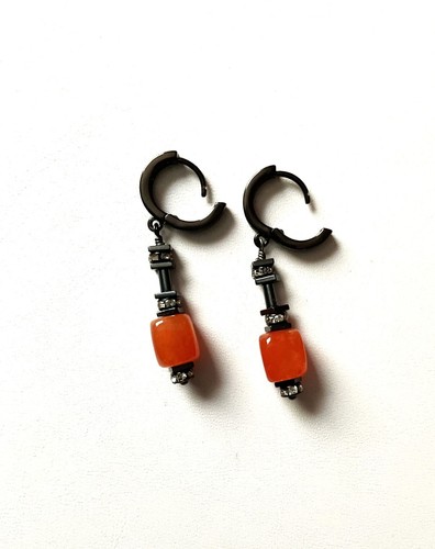 CARNELIAN CUBE CZ PAVE EARRINGS 1.5" - Picture 4 of 5