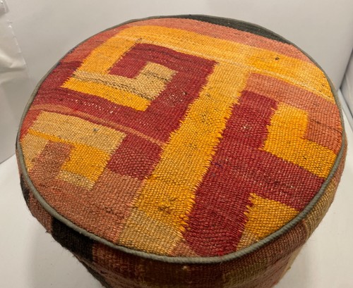 Vintage Kilim Pouf Carpet Turkish Handwoven Circle Round Filled 13.5" H 13" W - Picture 13 of 18