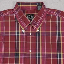 Jos A Bank Traveler Shirt Mens Large Wine Red Plaid Button Up Long Sleeve