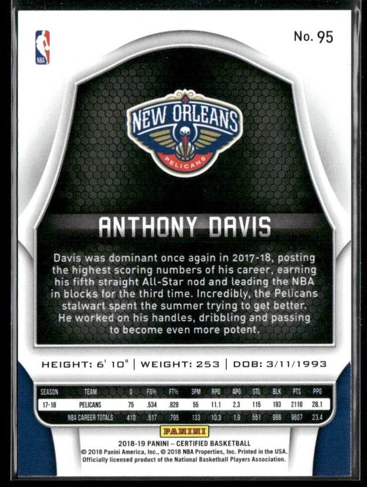 Anthony Davis 2018-19 Panini Certified Red #/299 #95 - Image 2 of 2