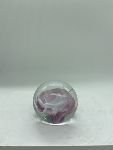 Paperweight Pink Rose Hand Blown Round Clear Glass Beautiful - Picture 3 of 8