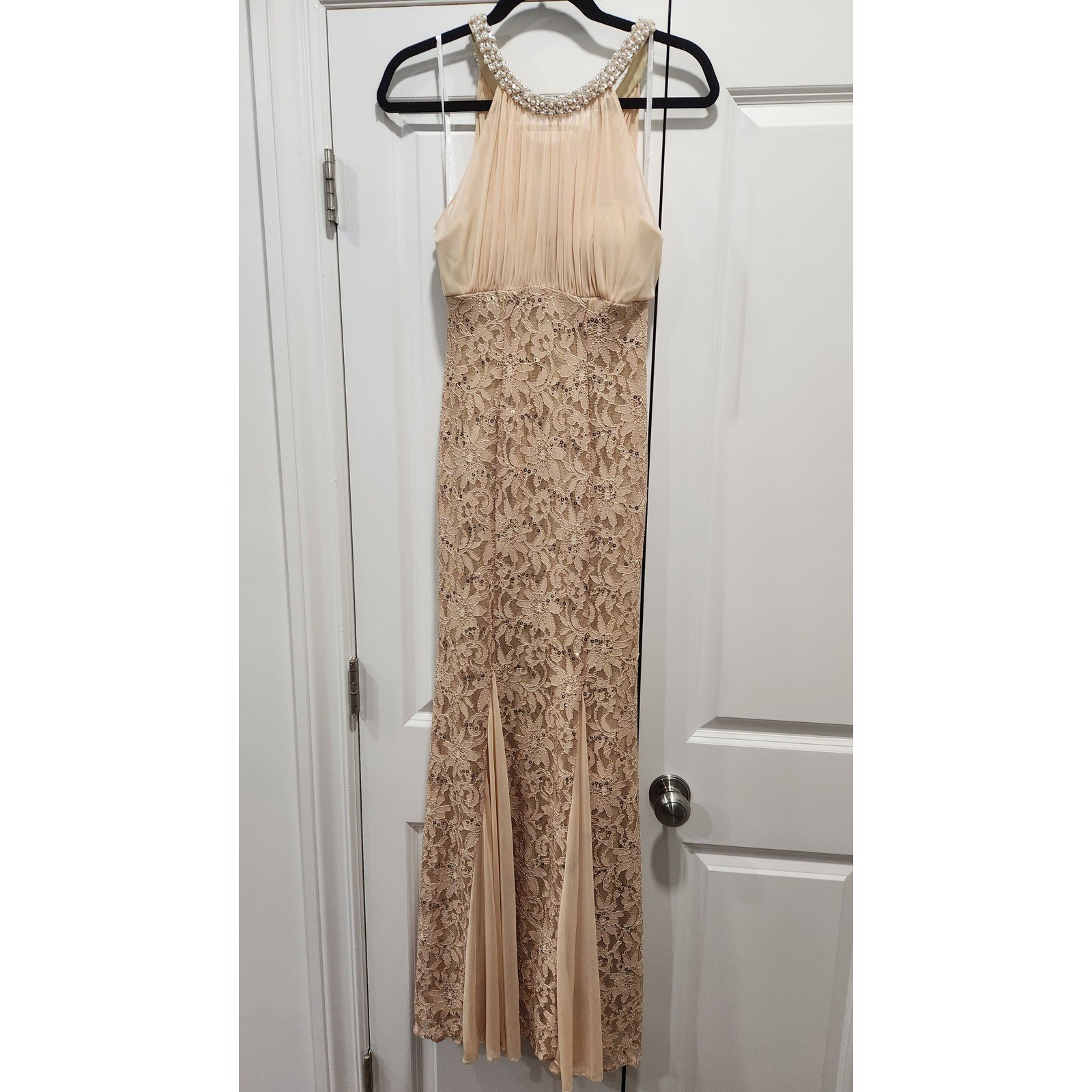 Eureka Champagne Lace Sequin Halter Gown Pearl Dress Size S Prom Wedding Guest
