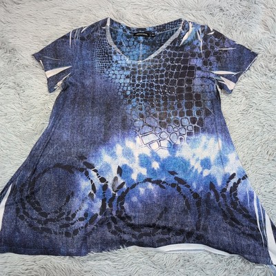 Vintage Notations Shirt Womens L Blue Sparkly Blouse Tunic Top Casual Comfort