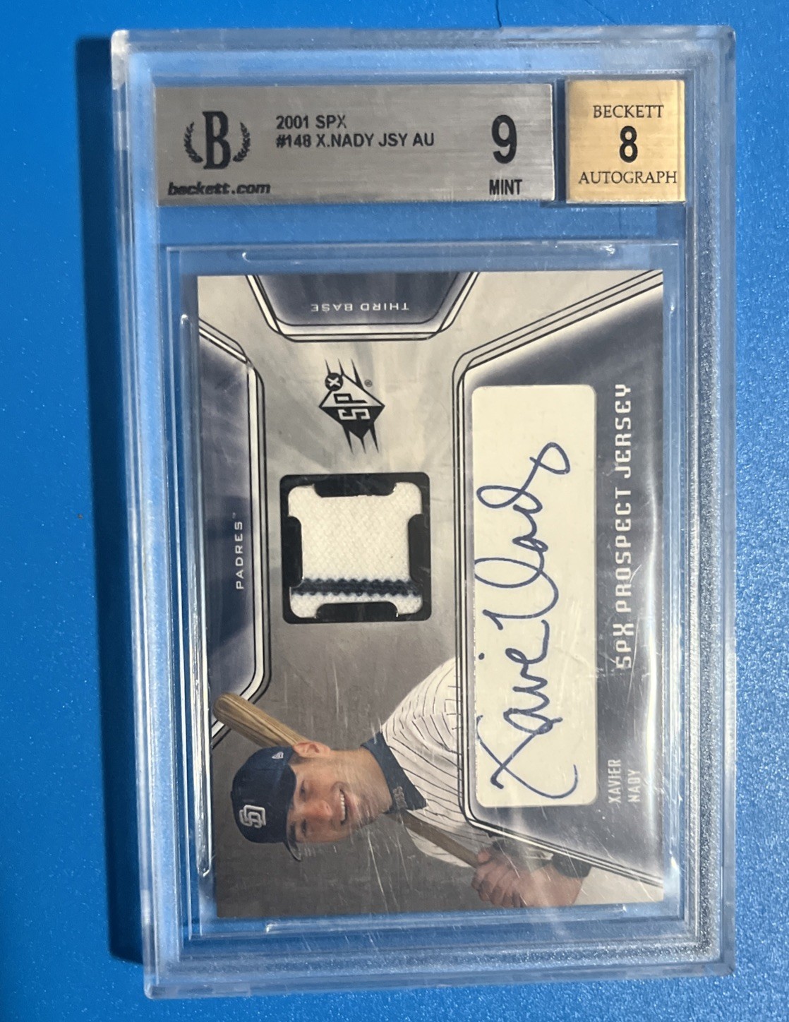 2001 SPx #148 Xavier Nady RC Padres Beckett 9 Mint Rookie Patch Jersey