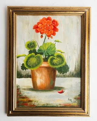 VTG Original Signed Still Life Oil Painting on Canvas Geranium Gold Frame Signed
