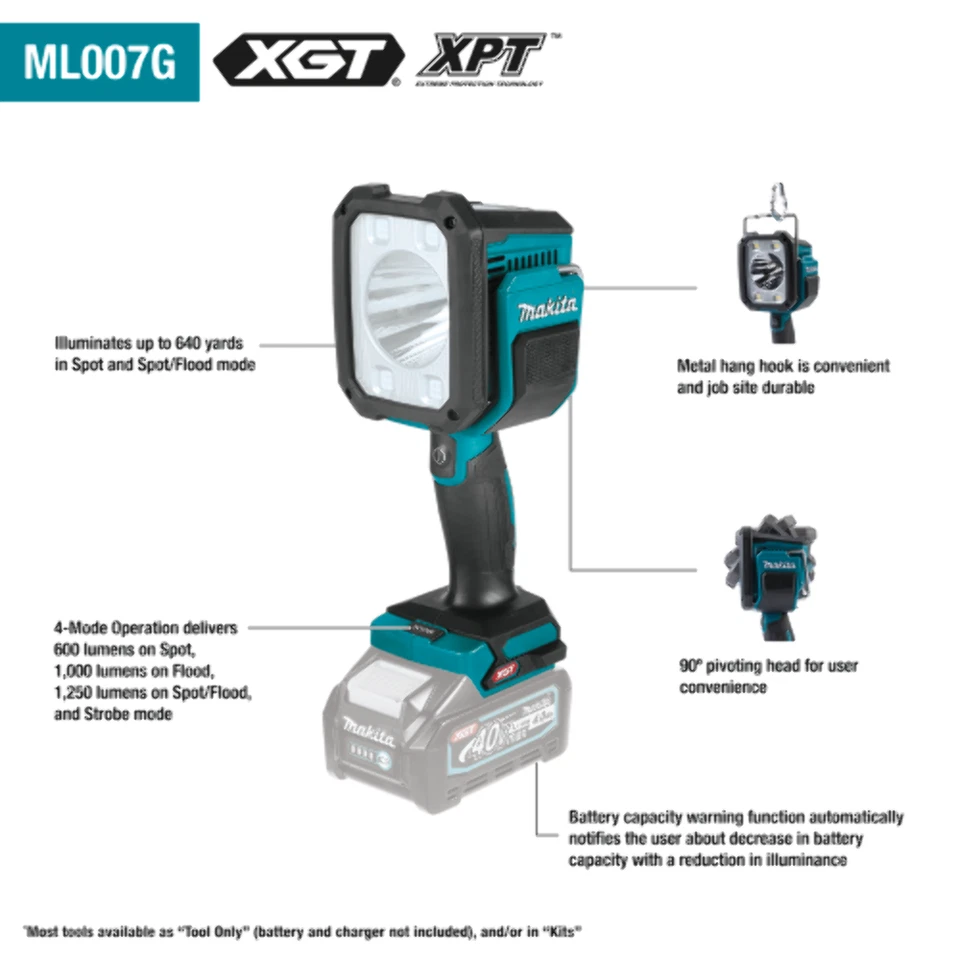 Makita (ML007G) 40V max XGT inalámbrico L.E.D. Linterna / Foco, solo luz Foto 2 de 2