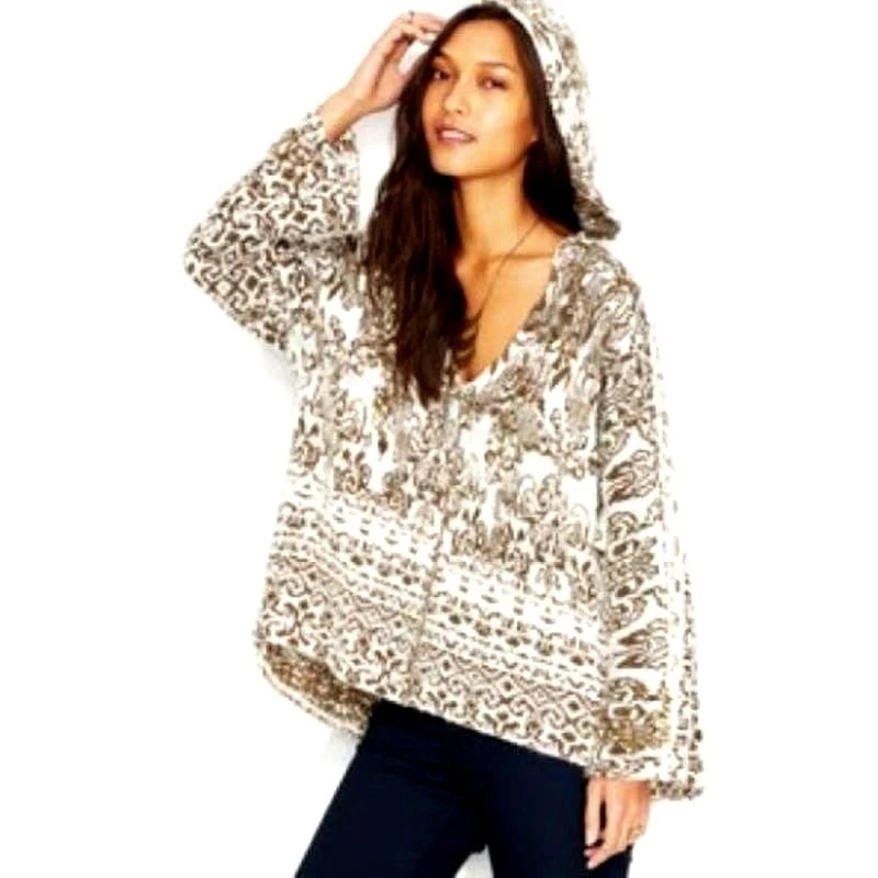 OFF WHITE Free People Raggy Felpa con Cappuccio Maglia Maglione Oversize Small