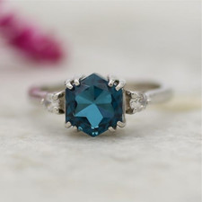 Hexagon London Blue Topaz Engagement Ring Vintage Bridal Ring Anniversary Gift