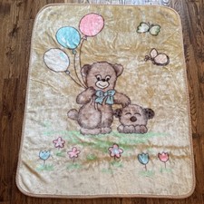 Vtg Tan Bear Puppy Dog Balloon Butterfly Flowers Plush Baby Blanket Throw Heavy